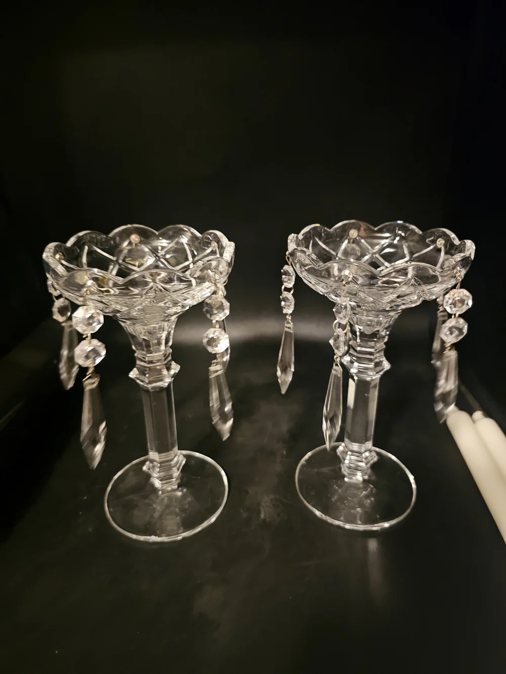 Unique Vintage Clear Crystal Candle Holders with Hanging Prisms